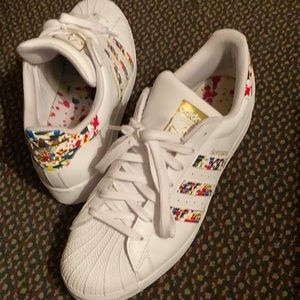 Adidas white and rainbow splash shell tops